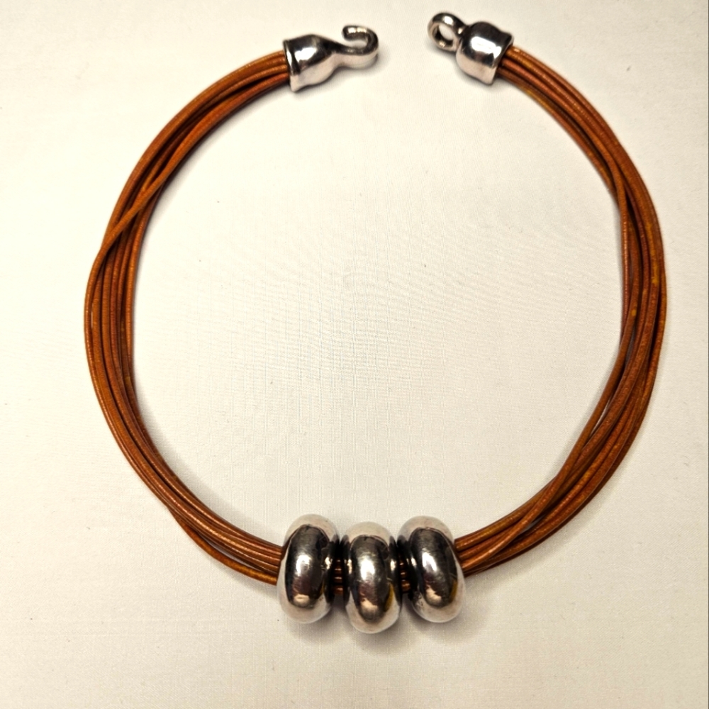 Silver Trio Beaded Leather Cord Choker